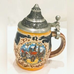 Miniature Vintage German Beer Stein w Pewter Lid.